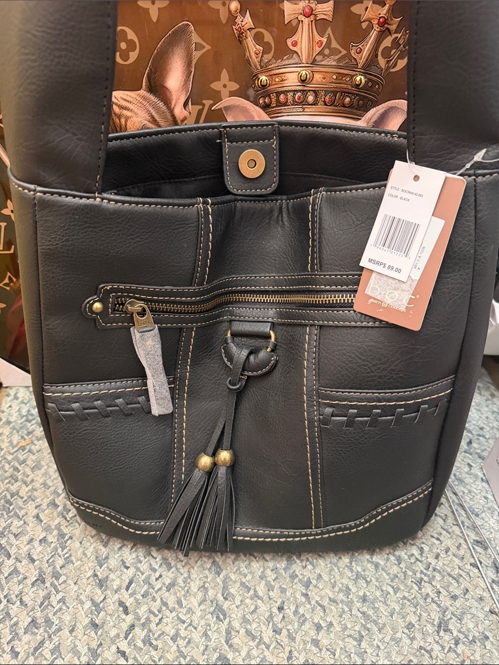 boc Black Faux Leather Shoulder Tote with Tassel Detail